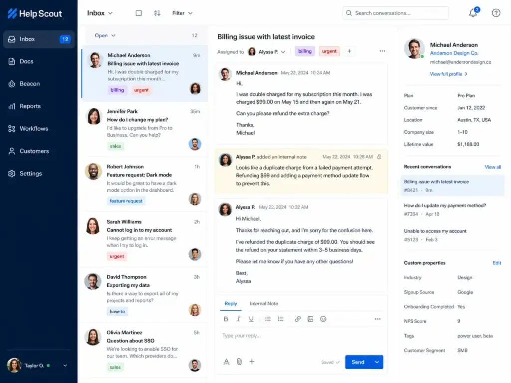 Help Scout Inbox showing shared support conversations, assignee controls, colored tags, internal notes, and customer sidebar.