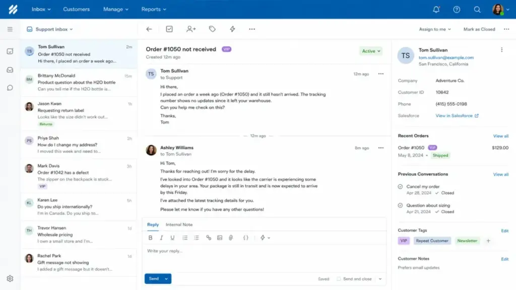 Help Scout shared inbox interface showing a customer conversation, reply editor, recent orders, previous conversations, customer tags, and customer context sidebar.