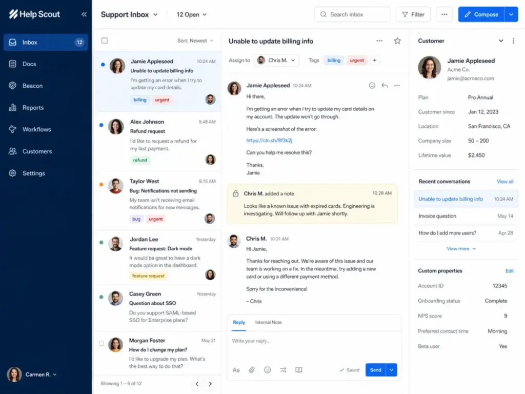 Help Scout Inbox interface showing shared support conversations, assignee controls, tags, and customer profile sidebar.