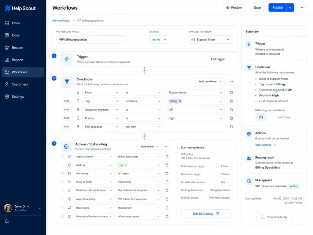 Help Scout Workflows builder showing trigger conditions, routing actions, and SLA policy settings for support inbox automation.