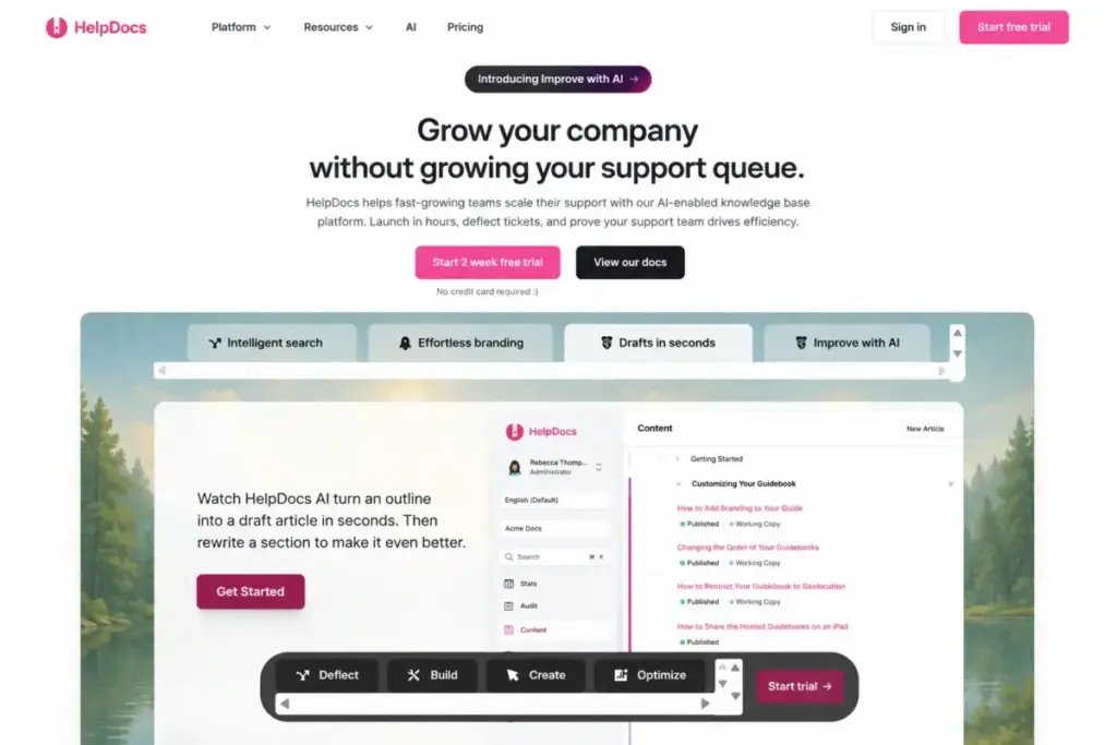 HelpDocs help center interface showing a large search bar, top articles, and category cards