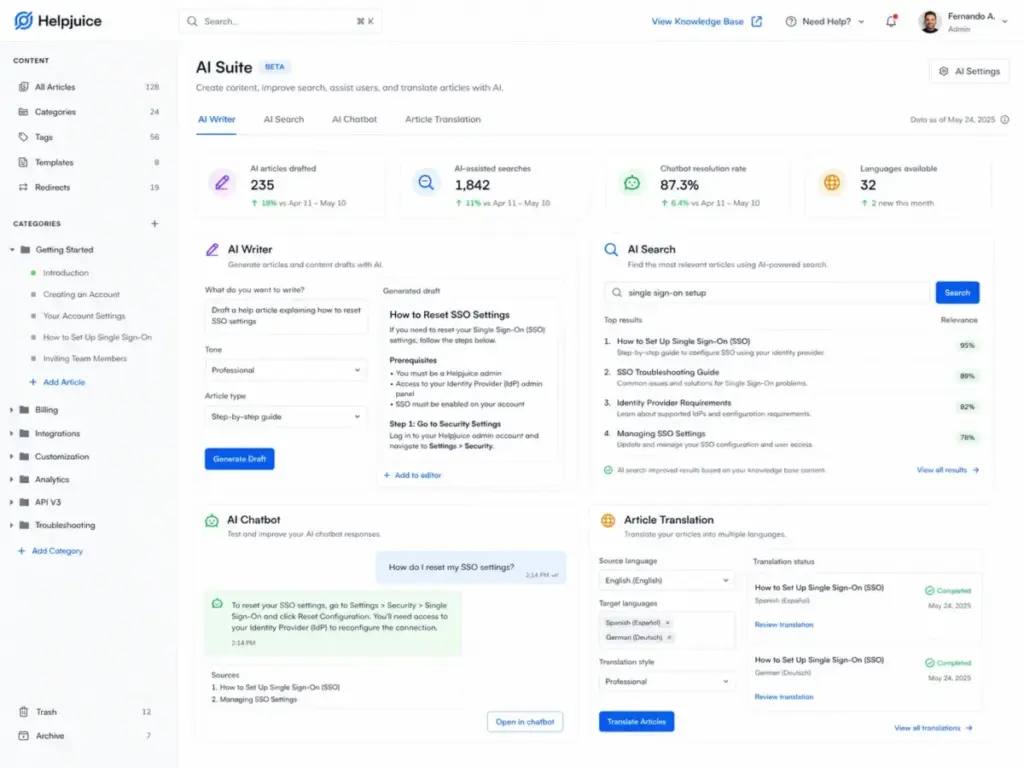Helpjuice AI Suite interface showing AI Writer, AI Search, AI Chatbot, and article translation tools in one dashboard.