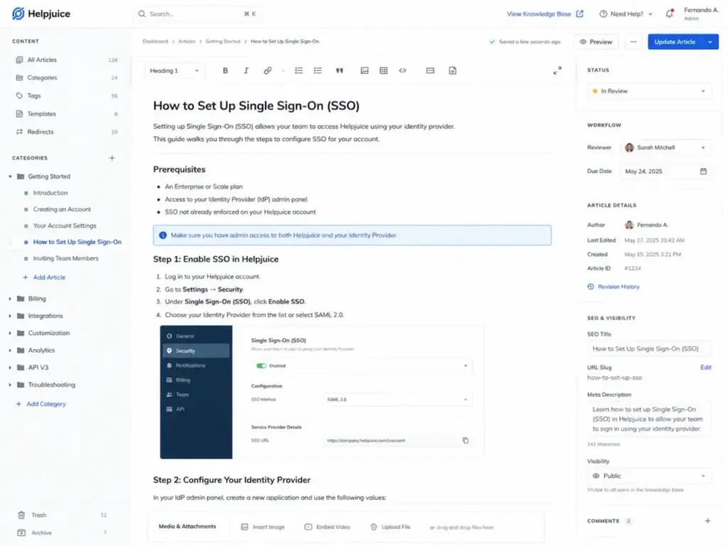 Helpjuice article editor showing article structure, formatting toolbar, media insertion options, and workflow status for an SSO setup article.