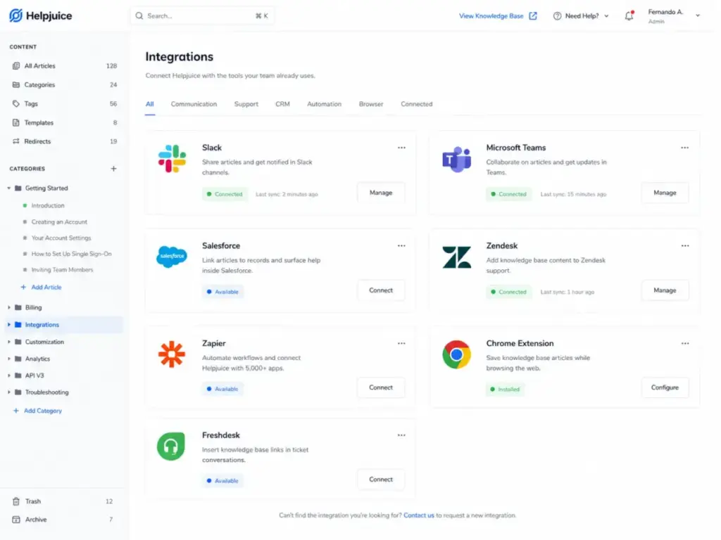 Helpjuice integrations page showing Slack, Microsoft Teams, Salesforce, Zendesk, Zapier, Chrome Extension, and Freshdesk integration options.