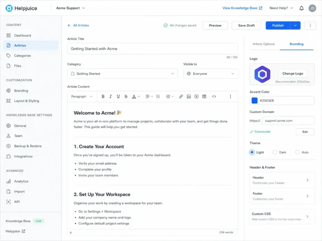 Helpjuice knowledge base editor showing custom branding options, article content, category settings, and publish controls