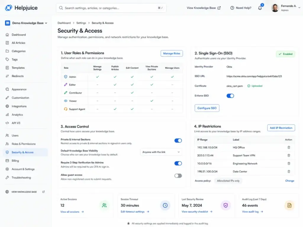 Helpjuice security and access settings showing user roles, SSO configuration, access control options, and IP restrictions.