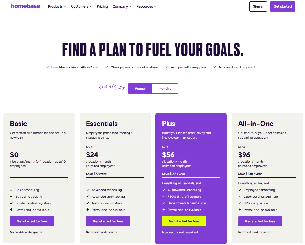 Homebase pricing page showing Basic, Essentials, Plus, and All-in-One plans for employee scheduling software