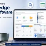 Featured image for How to Choose Knowledge Base Software showing a laptop with checklist, pricing comparison, demo scorecard, AI trust check, and knowledge base evaluation icons.