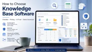 Featured image for How to Choose Knowledge Base Software showing a laptop with checklist, pricing comparison, demo scorecard, AI trust check, and knowledge base evaluation icons.