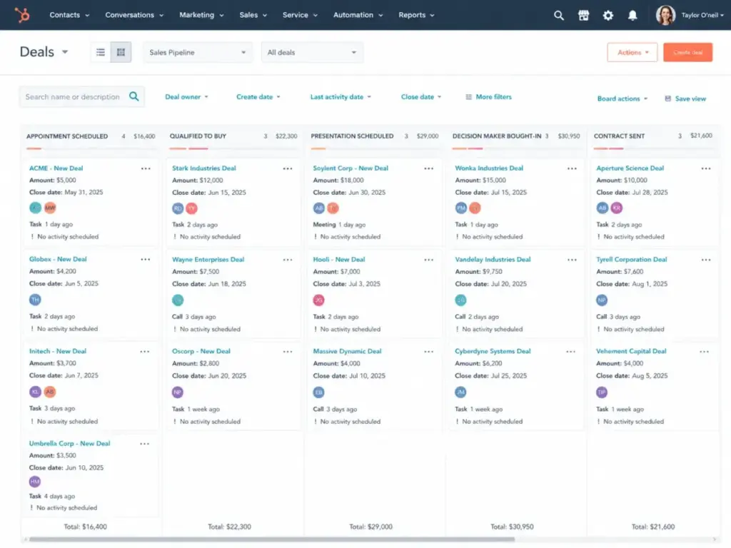 HubSpot CRM deals pipeline board showing clean sales navigation, deal stages, filters, and create deal button.