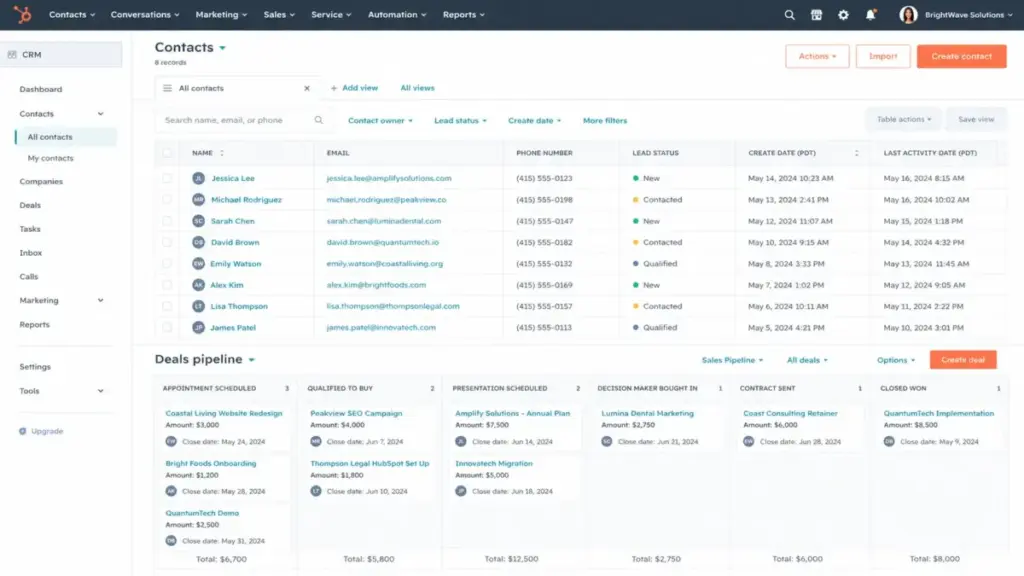 HubSpot CRM free plan dashboard showing contact management table and deals pipeline