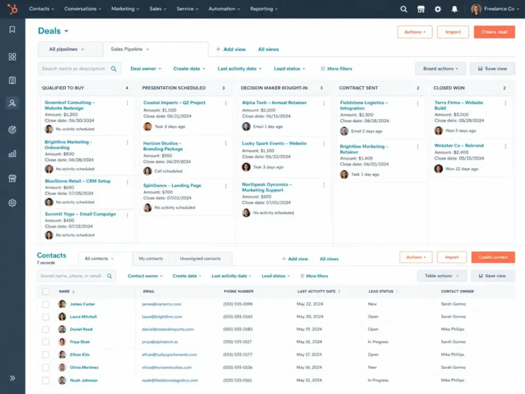 HubSpot CRM free tier dashboard showing a deals pipeline board and contact list table