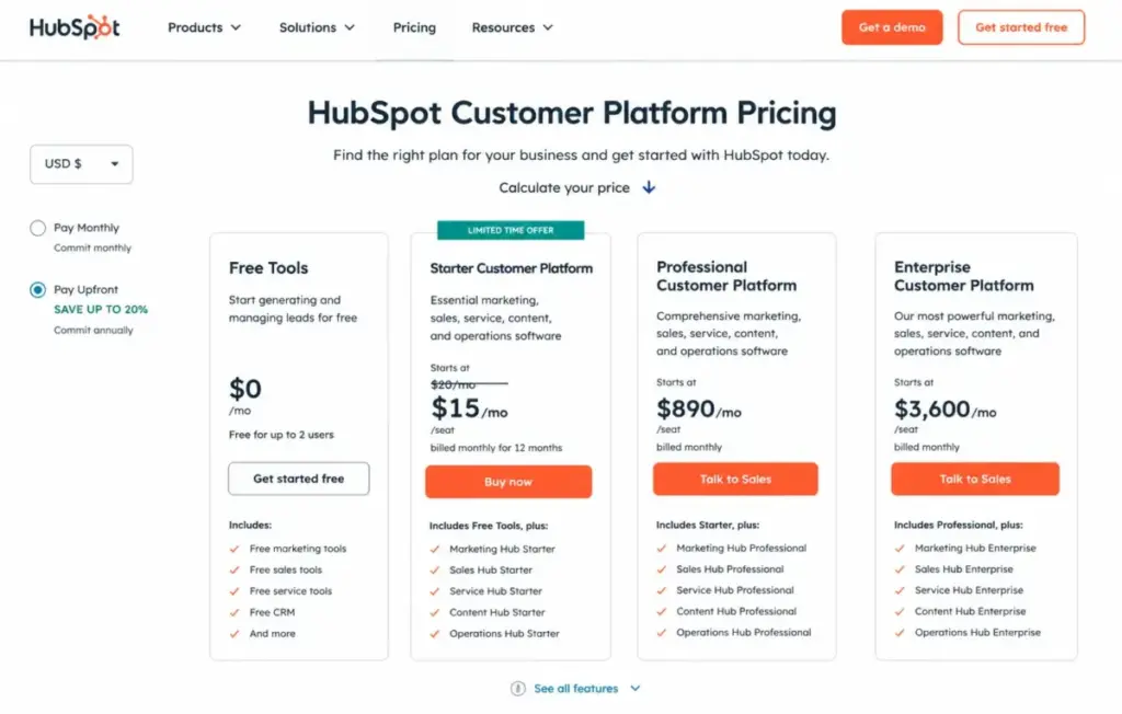 HubSpot pricing page showing Free Tools, Starter promo pricing, Professional, and Enterprise Customer Platform plans.