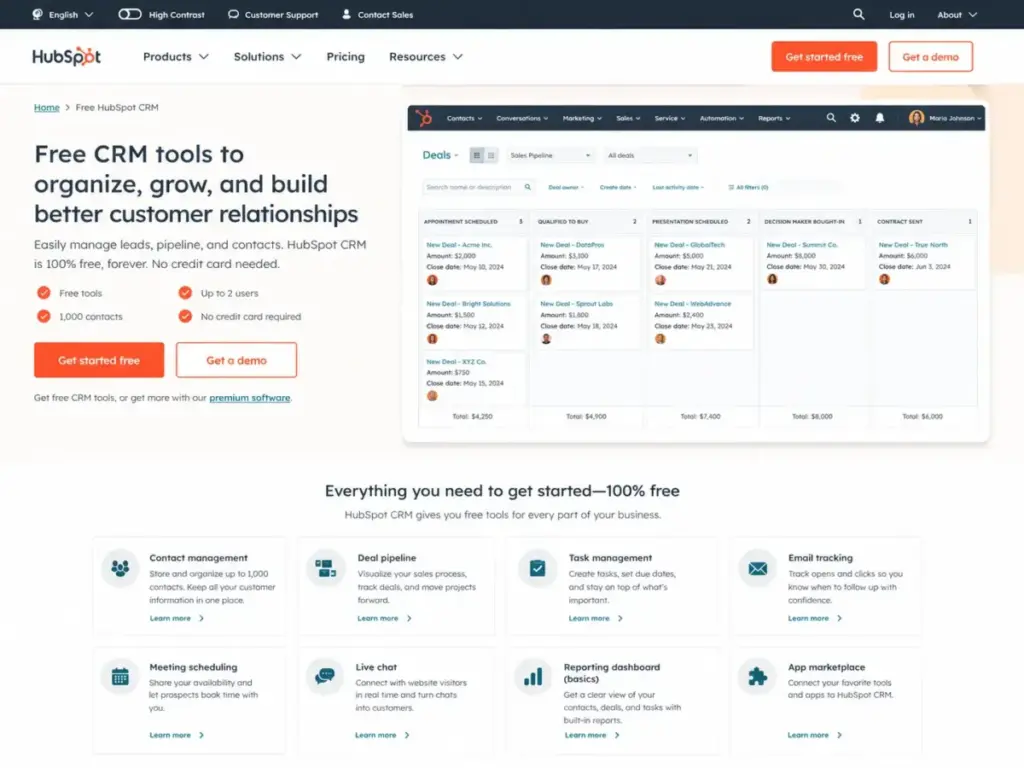 HubSpot free CRM product page showing free plan features, 2 users, 1,000 contacts, and CRM pipeline preview