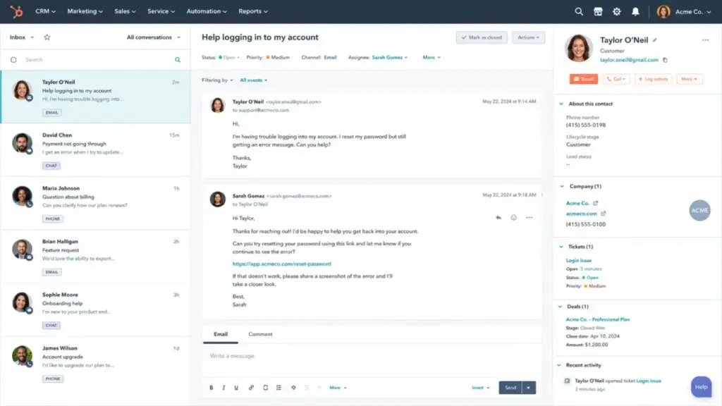 HubSpot Service Hub help desk workspace showing a customer support conversation, ticket status, email reply editor, CRM contact details, company record, deal information, and recent activity panel.