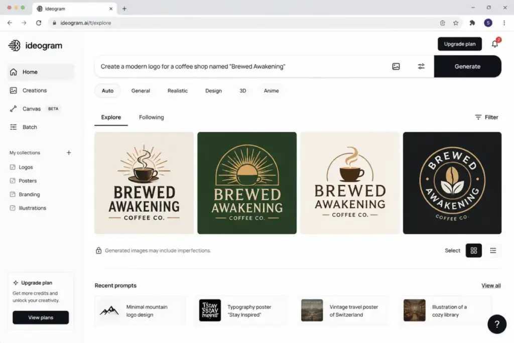 Ideogram text-to-image interface showing logo generation results with readable typography for a coffee shop brand