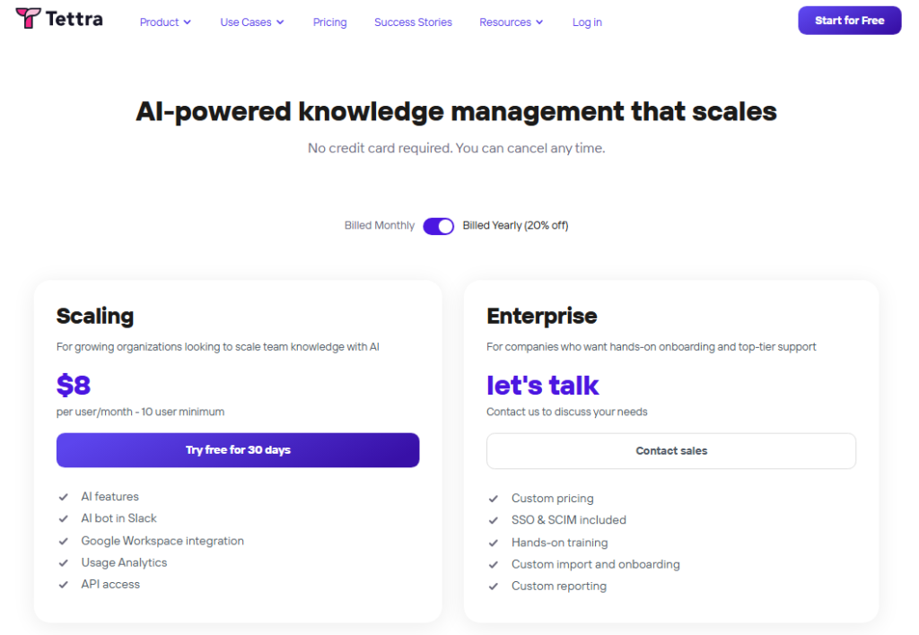 Tettra pricing page showing the Scaling plan at $8 per user per month with a 10-user minimum and Enterprise custom pricing.