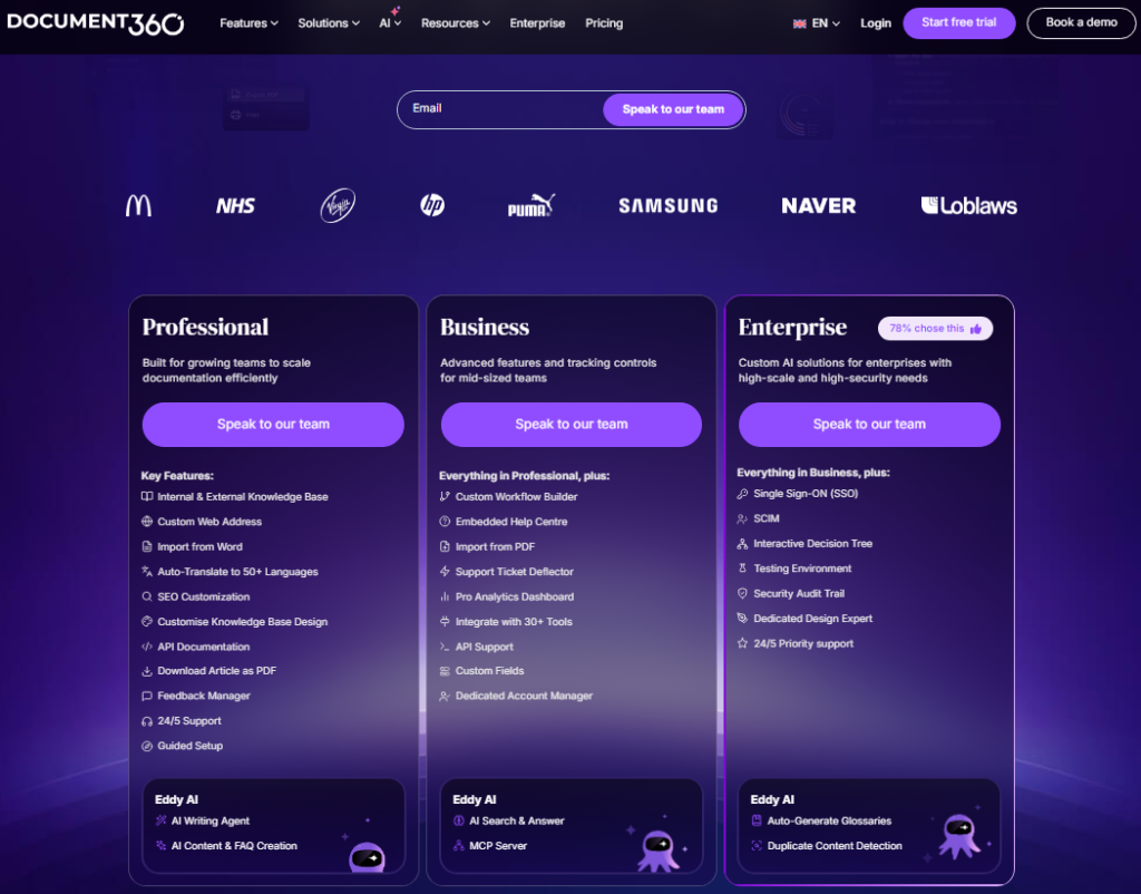 Document360 pricing page showing Professional, Business, and Enterprise plans with Get a quote buttons and Enterprise marked as yearly plan only.