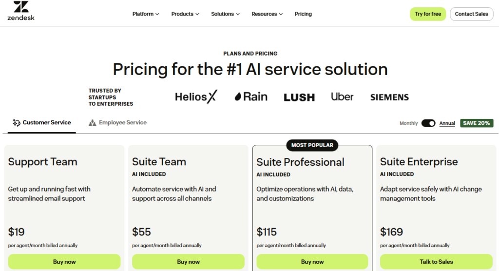 Zendesk Sell pricing page showing Team, Growth, Professional, and Enterprise plans with monthly prices