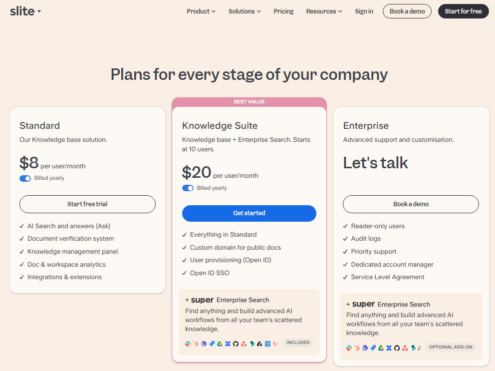 Slite pricing page showing Standard $8, Knowledge Suite $20, and Enterprise custom pricing plans