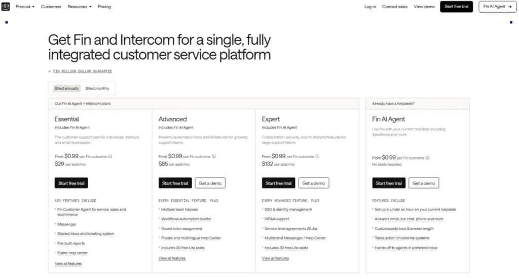 Intercom pricing page showing Essential, Advanced, Expert, and Fin AI Agent plans with seat pricing and Fin outcome pricing.