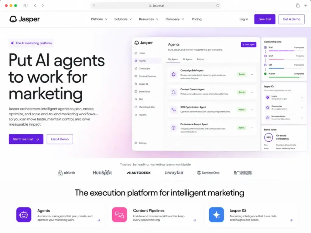Jasper AI marketing platform homepage showing agent workspace, content pipelines, and Jasper IQ campaign tools