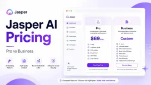 Jasper AI Pricing featured image showing Pro vs Business plan comparison with pricing cards and Jasper interface mockup.