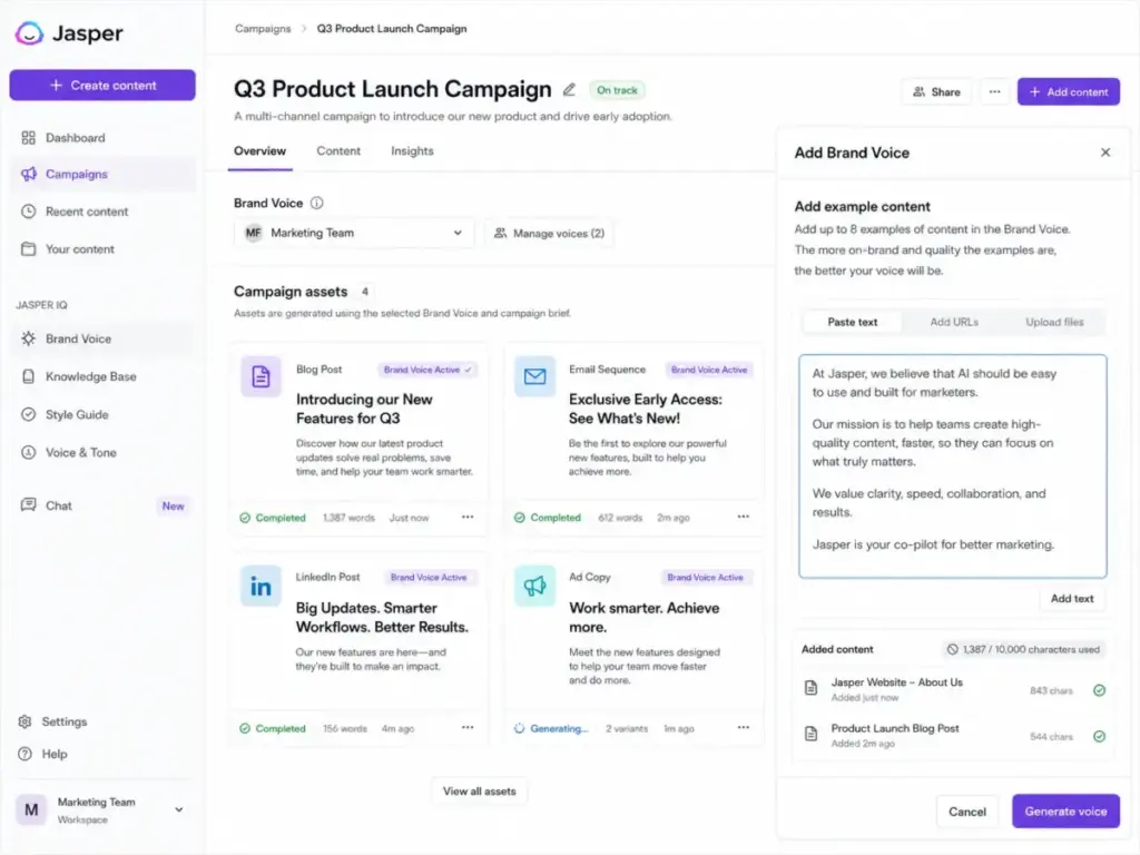 Jasper marketing workflow interface showing campaign content generation, brand voice selection, multi-brand controls, and Add Brand Voice setup.