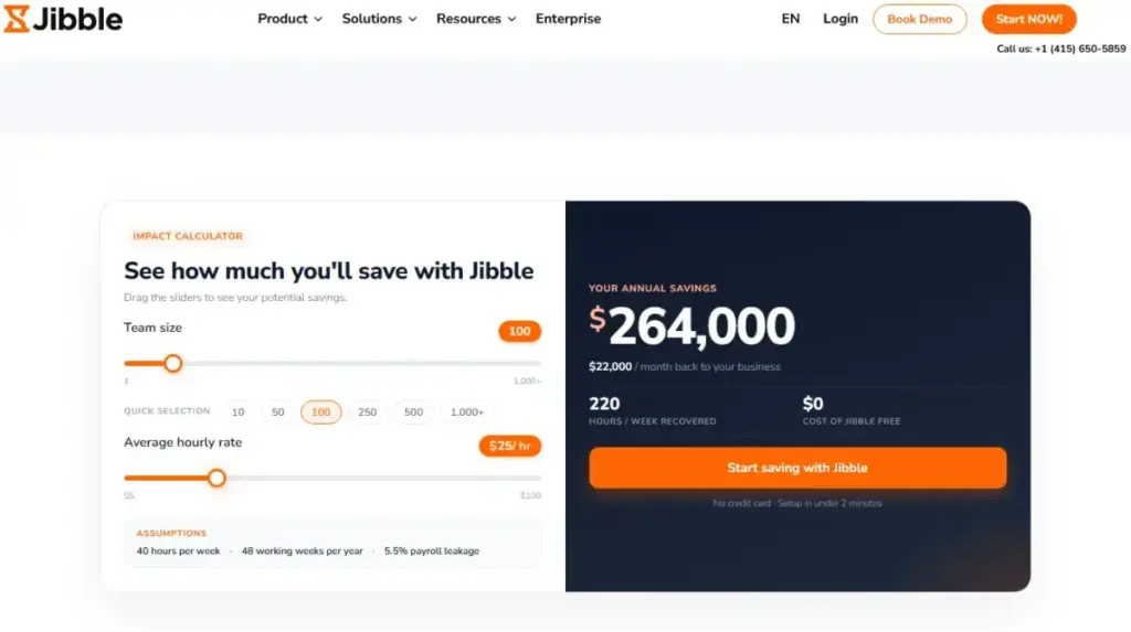 Jibble impact calculator showing annual savings estimate for time tracking and attendance management