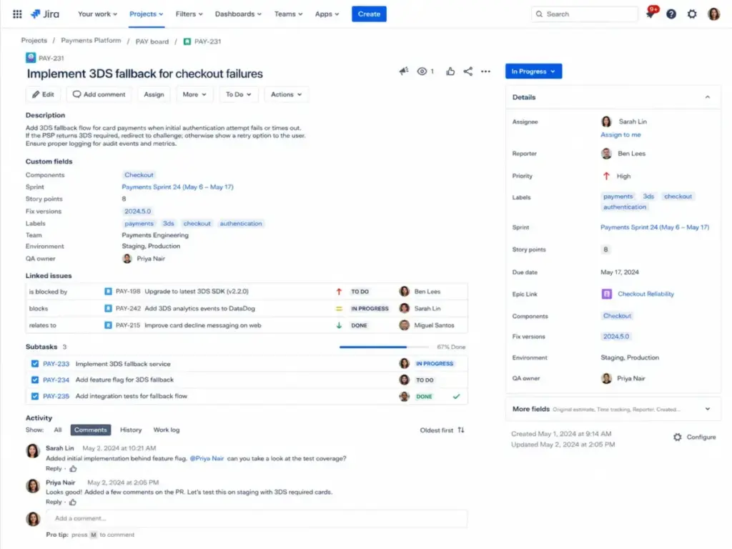 Jira issue detail view showing custom fields, linked issues, subtasks, activity comments, and issue metadata for a software project.