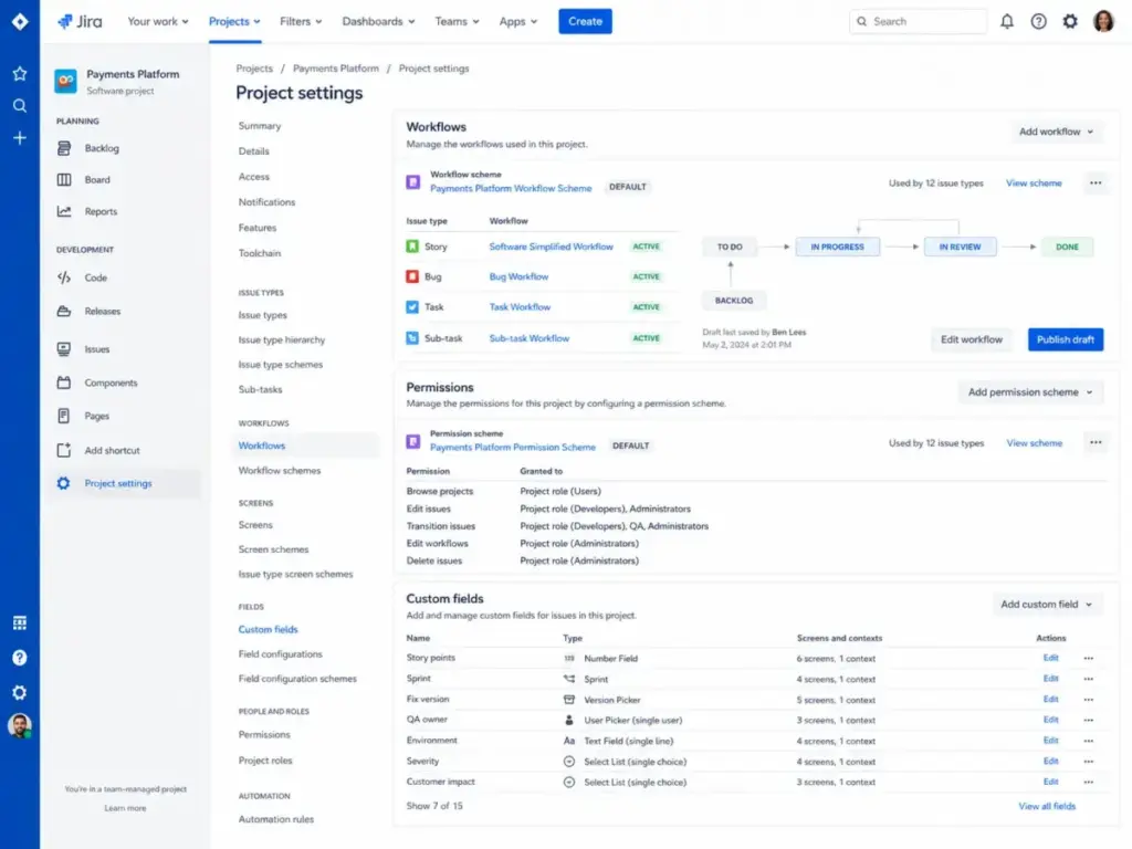 Jira project settings screen showing workflow configuration, permission schemes, and custom field management for a software project.