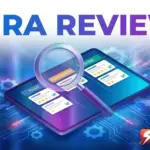 Jira Review 2026 cover image showing a digital project management board with workflow cards, magnifying glass, and SaaSZap branding.