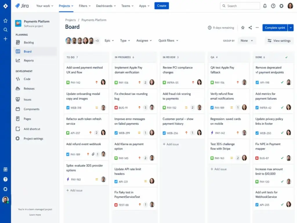Jira Scrum board dashboard showing sprint backlog, issue cards, assignees, and workflow columns for a software project.