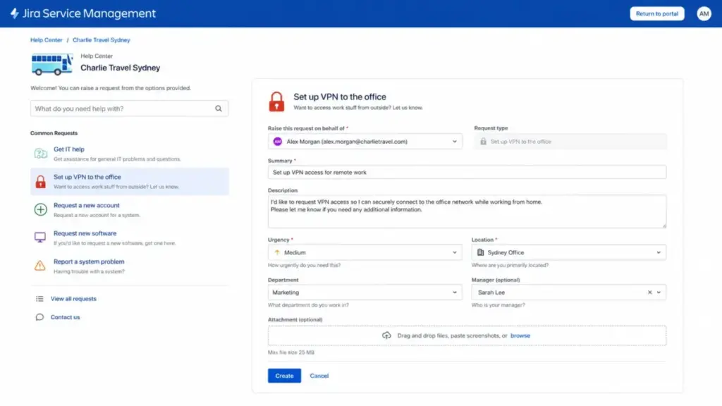 Jira Service Management customer portal showing a VPN service request form with summary, description, urgency, location, department, manager, and attachment fields.