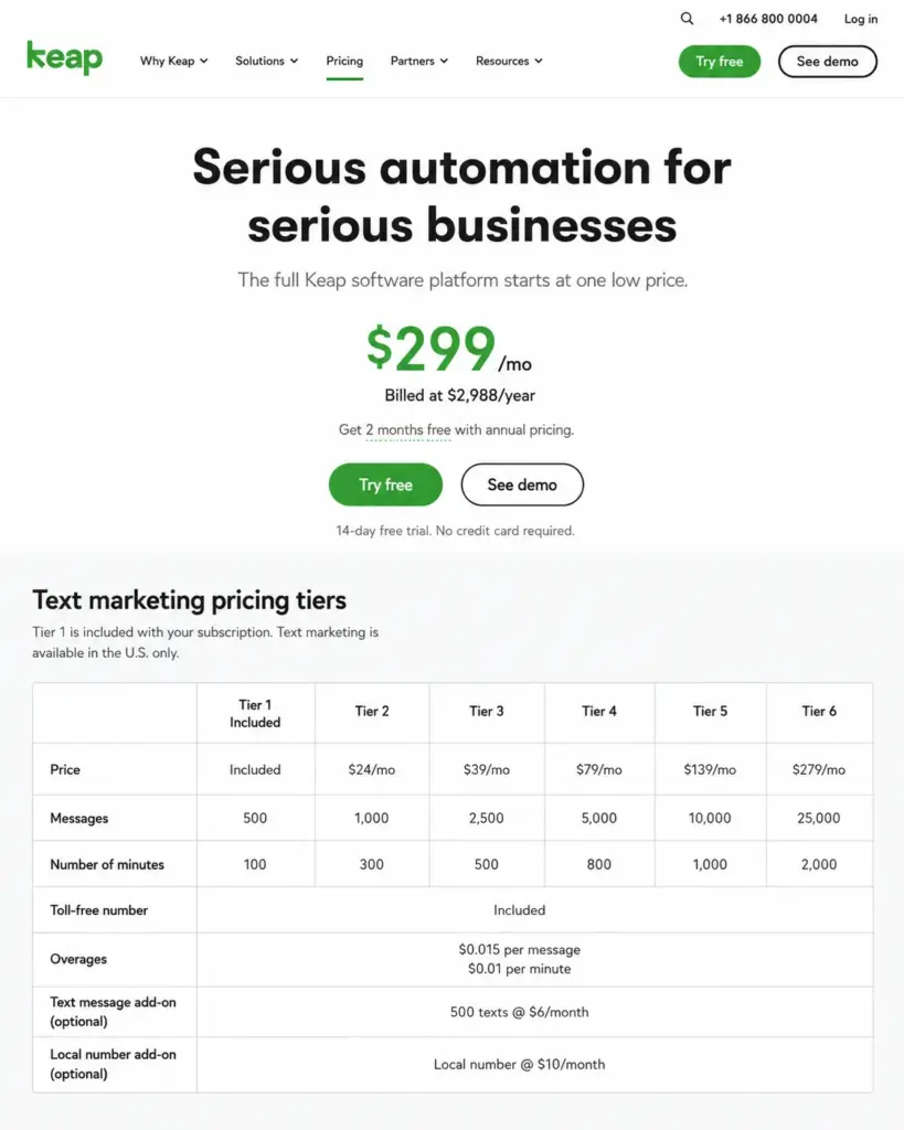 Keap pricing page showing $299 monthly pricing and text marketing add-on tiers.