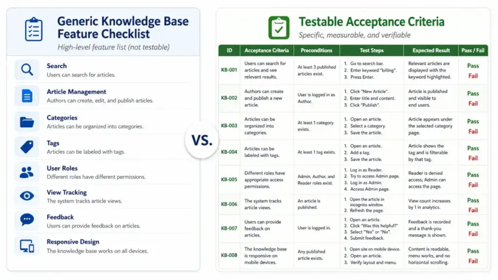 Generic knowledge base feature checklist compared with a testable acceptance criteria table