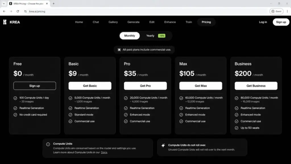 Krea pricing page showing Free, Basic, Pro, Max, and Business plans with compute unit allocations