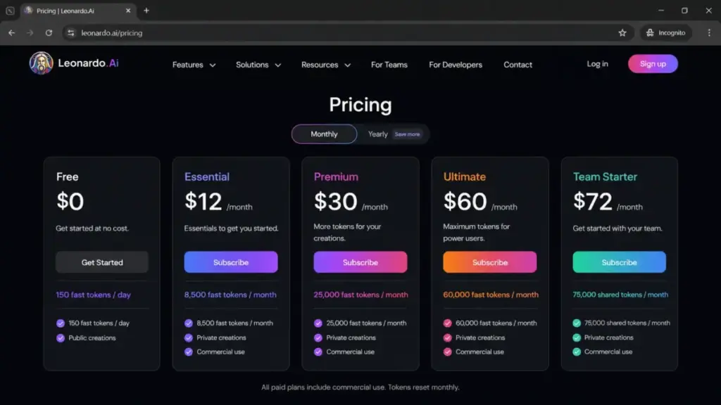 Leonardo.Ai pricing page showing Free, Essential, Premium, Ultimate, and Team Starter plans with monthly token allocations