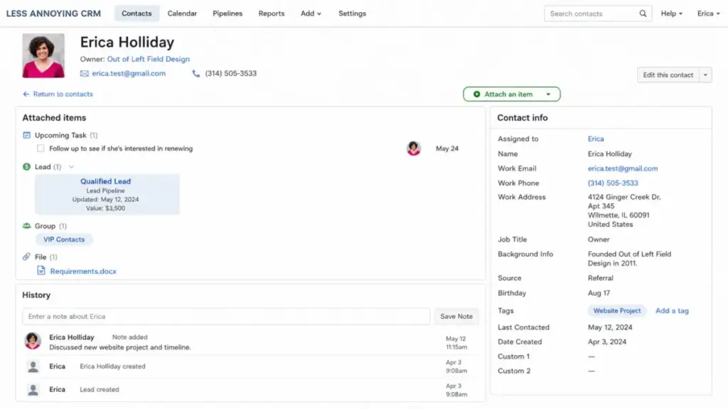 Less Annoying CRM contact record with attached lead pipeline and task history