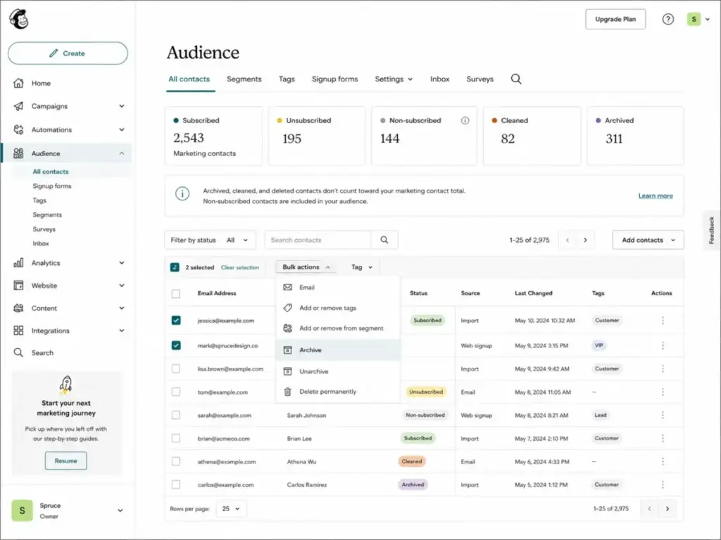 Mailchimp audience dashboard showing contact status categories and archive options for list hygiene