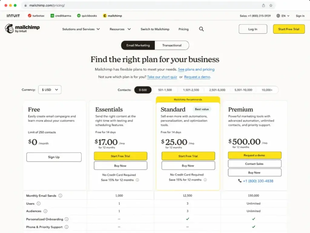 Mailchimp pricing page showing Free, Essentials, Standard, and Premium plans with first-12-month pricing