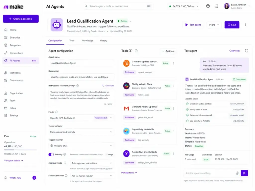 Make AI Agents interface showing agent configuration, connected workflow tools, and a test panel for qualifying leads and triggering follow-up actions.