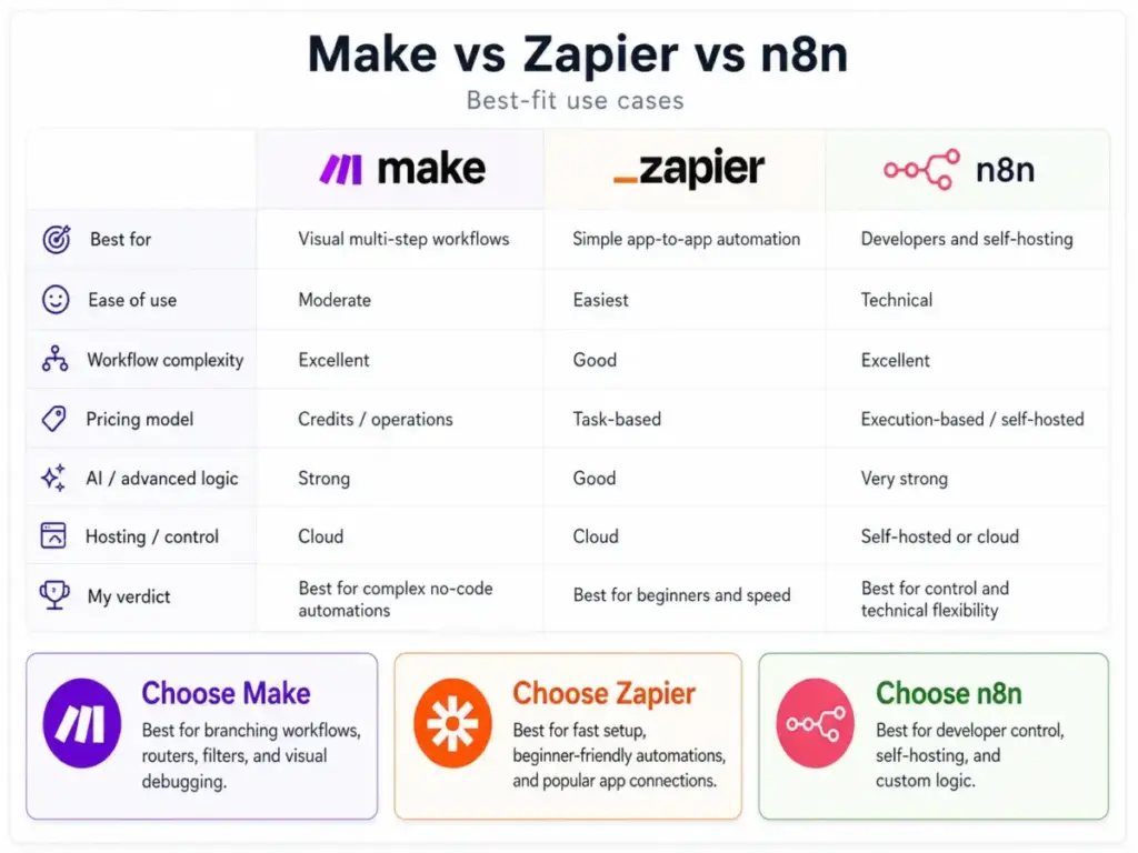 Make vs Zapier vs n8n comparison chart showing best-fit use cases, ease of use, workflow complexity, pricing model, AI logic, hosting control, and final verdict.