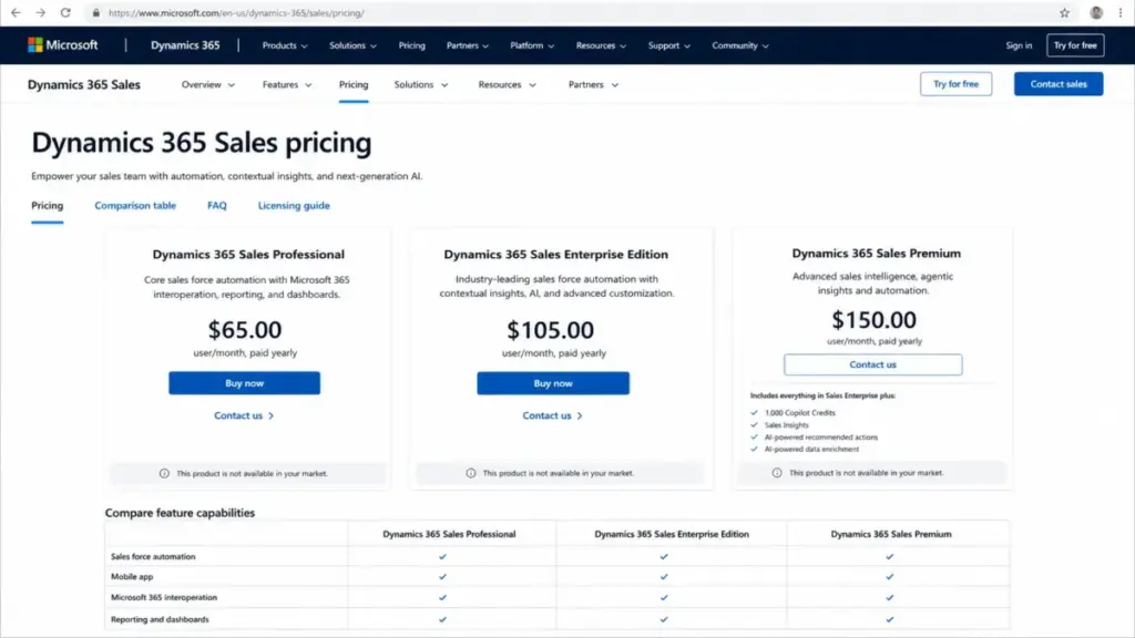 Microsoft Dynamics 365 Sales pricing page showing Professional, Enterprise, and Premium yearly paid plans.
