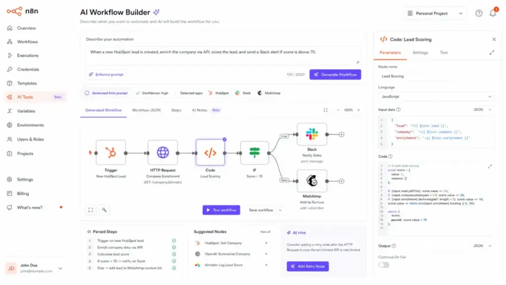 n8n AI Workflow Builder interface showing natural language workflow generation and node configuration in 2026