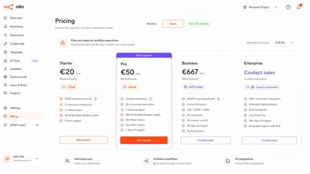 n8n pricing page showing Starter, Pro, Business, and Enterprise plans with execution limits in 2026