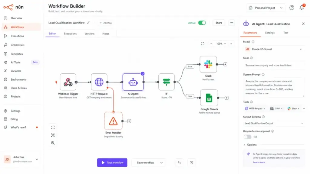 n8n visual workflow builder showing a webhook trigger, HTTP request, AI agent, conditional branch, and error handler nodes in 2026
