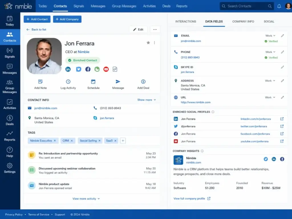 Nimble CRM contact profile showing enriched contact details, social profiles, contact fields, tags, company insights, and recent activity.