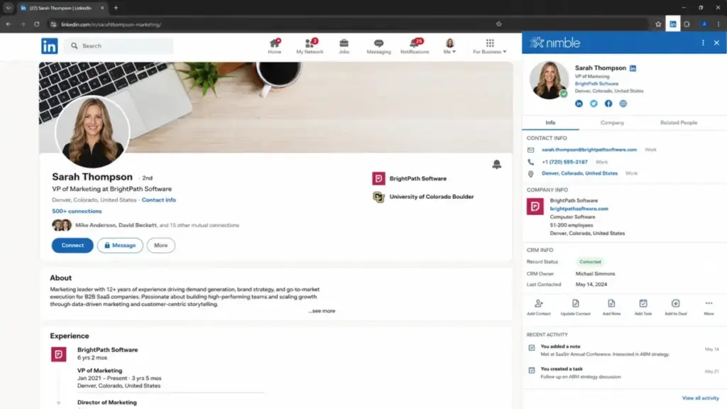 Nimble Prospector browser extension enriching a LinkedIn contact with CRM data