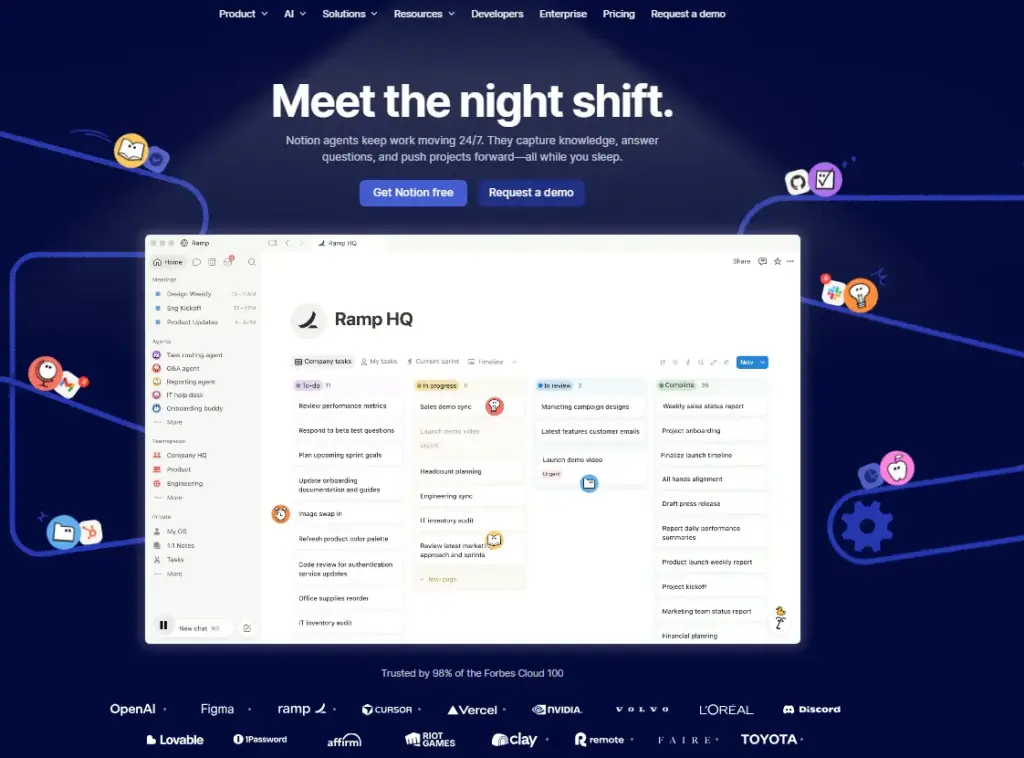 Notion homepage screenshot showing the “Meet the night shift” message with Notion agents managing tasks in a company workspace.